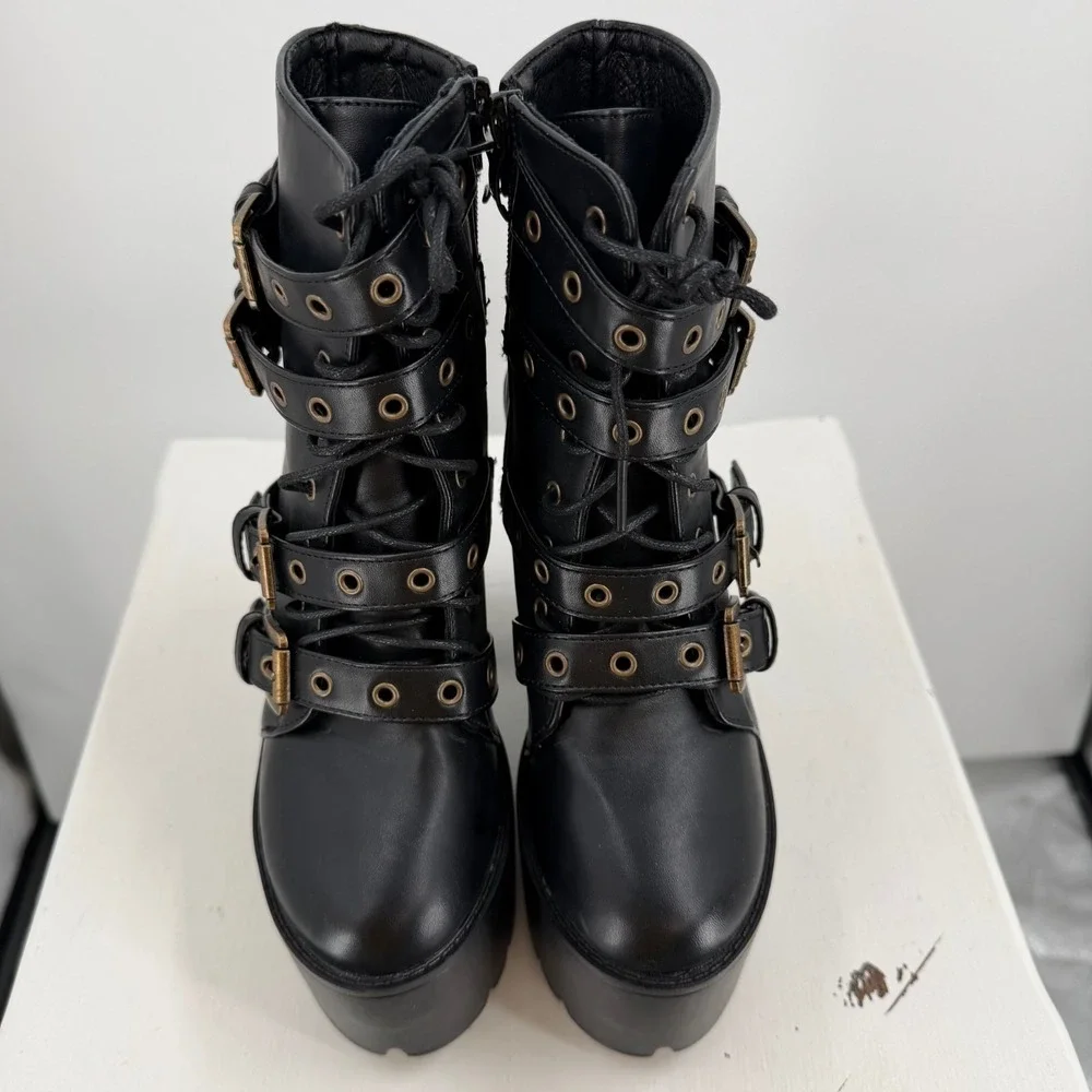 Womens Size 6 Black‎ Platform Boots Goth Punk Buckle Strap Chunky Heel